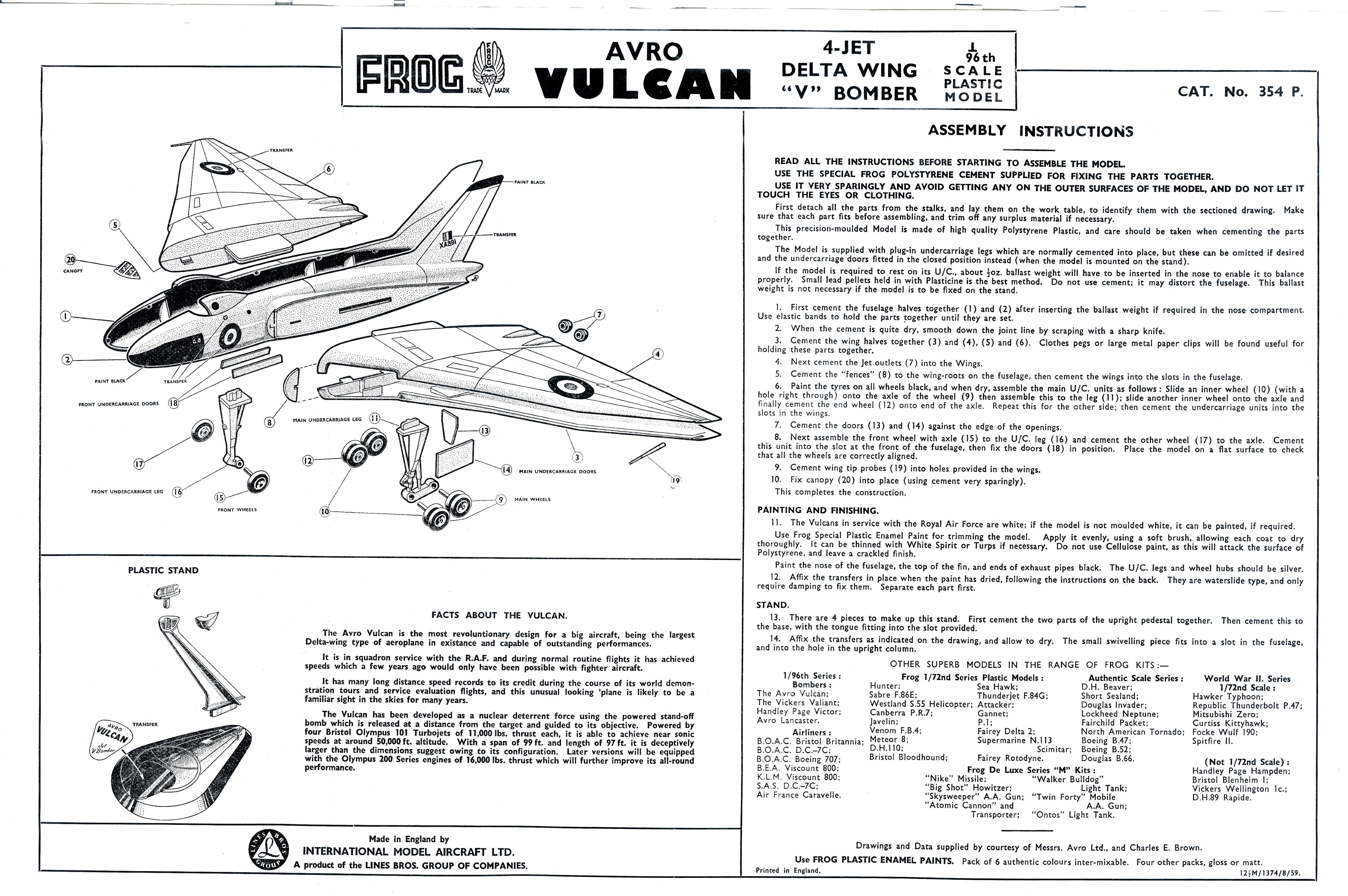 FROG 354P ima AVRO Vulcan 4 engined jet V-bomber, IMA, 1958, инструкция